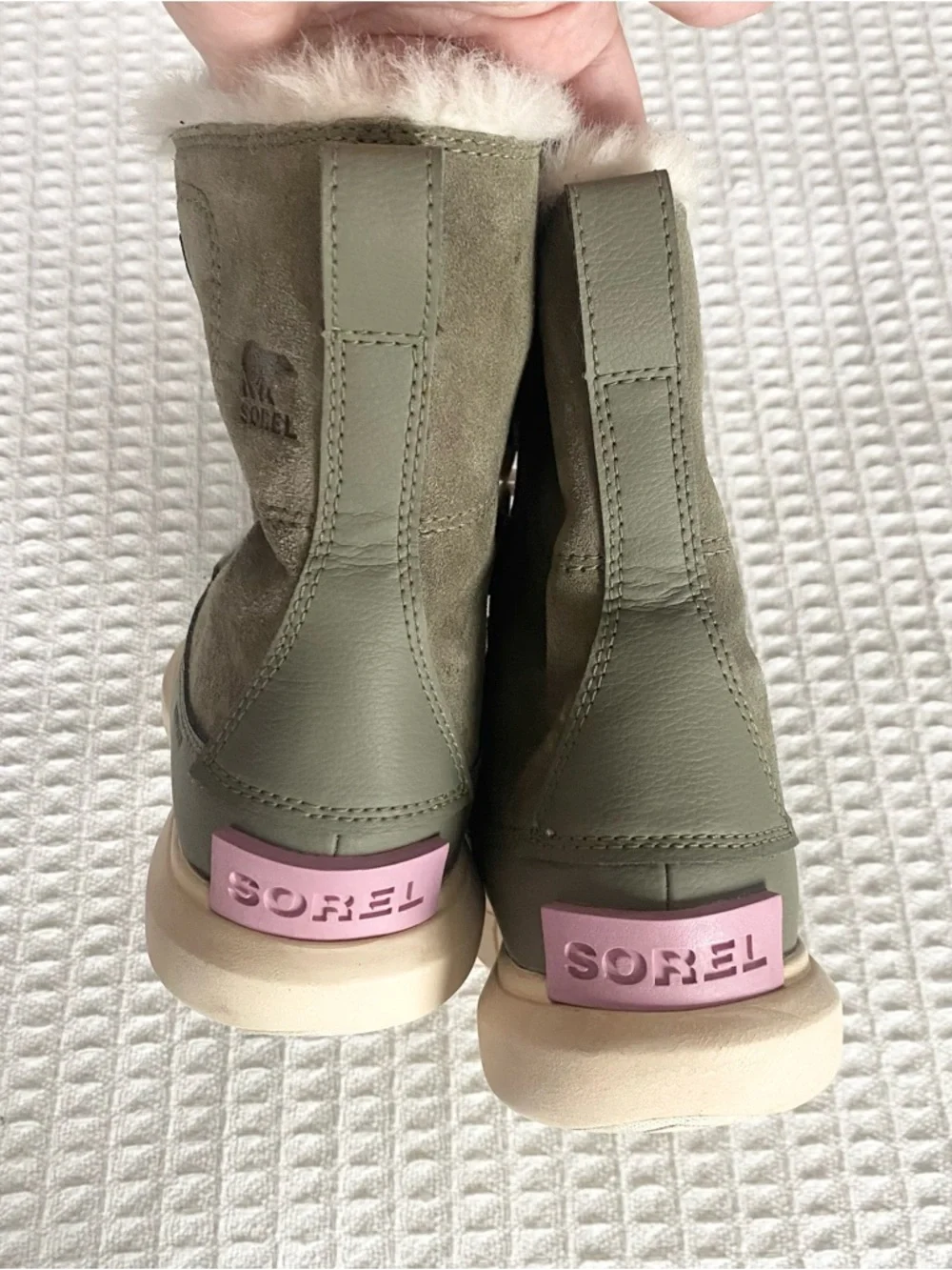 Sorel Olive Green and Gray Winter Lace-Up Boots with Cream Faux Fur